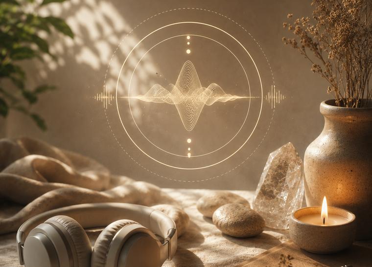 Headphones resting among stones, dried grasses and a lit candle, a waveform drawn in light above them.