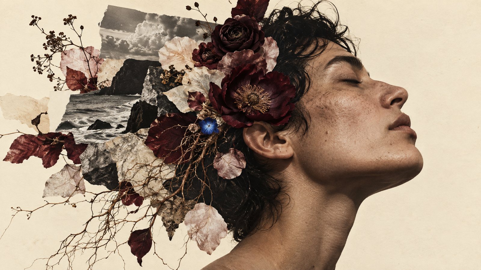 A collage portrait on aged paper: where the head would be, a cliff and open sea, with dried botanicals pressed around the figure.