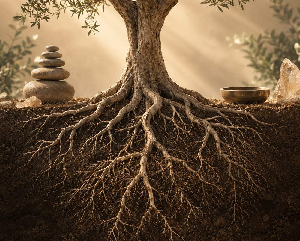 An olive tree in cross section, its root system spreading far wider underground than the canopy above, with stacked stones and a singing bowl at the soil line.