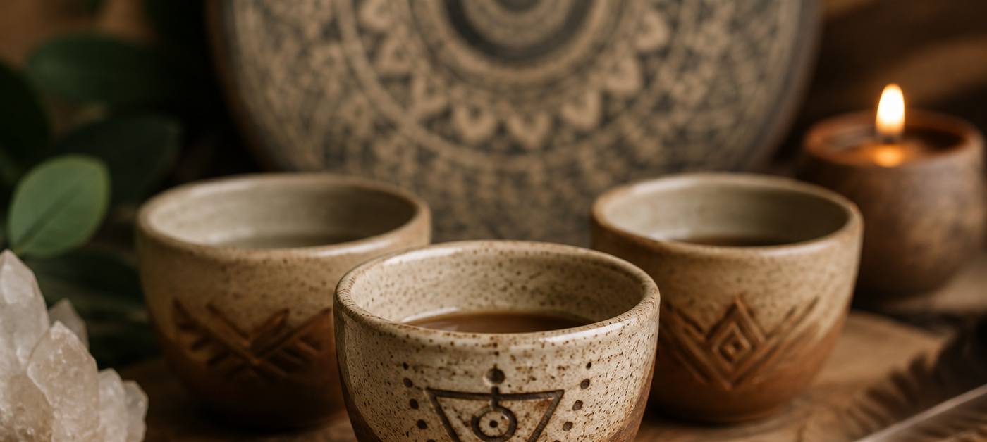Hand-marked ceramic cups of warm tea on a wooden board, beside a lit candle and a quartz cluster.
